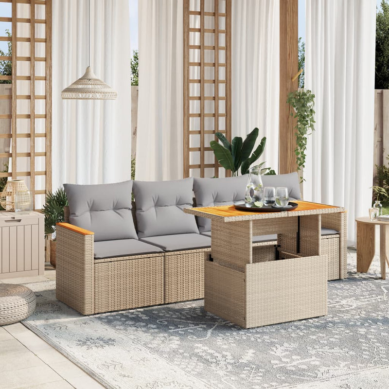 5 Piece Garden Sofa Set with Cushions Beige Poly Rattan