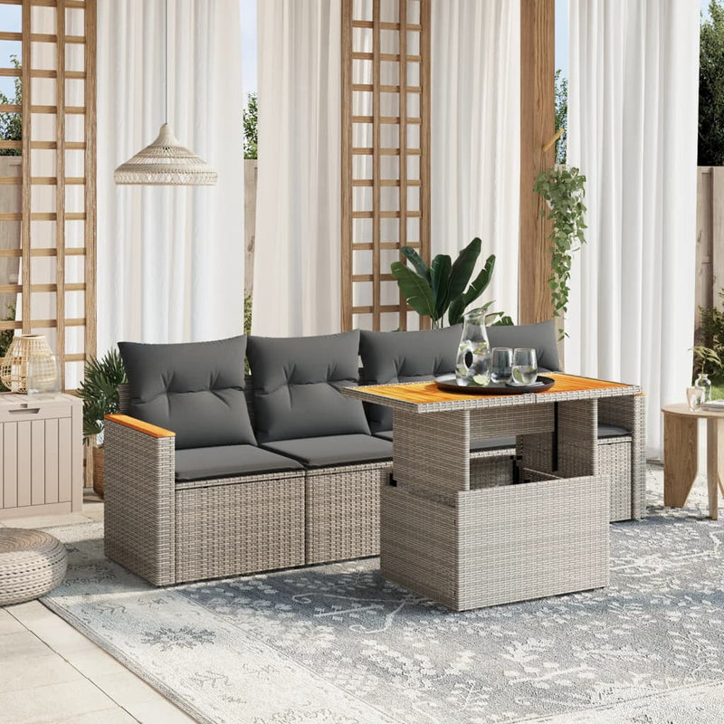 5 Piece Garden Sofa Set with Cushions Grey Poly Rattan