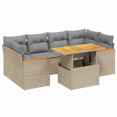 7 Piece Garden Sofa Set with Cushions Beige Poly Rattan