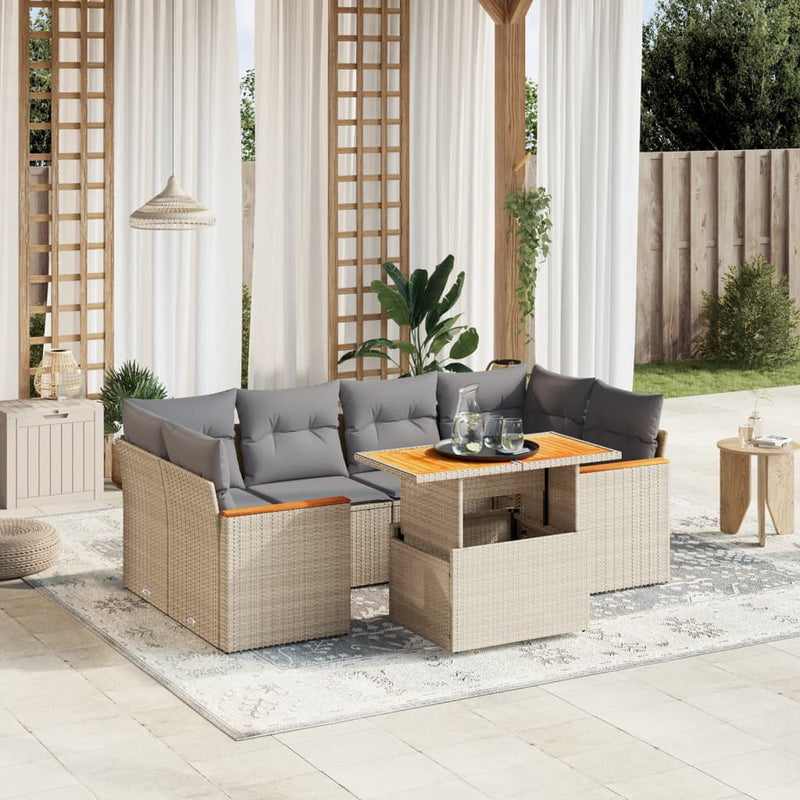 7 Piece Garden Sofa Set with Cushions Beige Poly Rattan