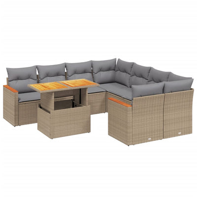 9 Piece Garden Sofa Set with Cushions Beige Poly Rattan