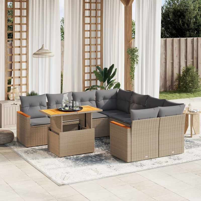 9 Piece Garden Sofa Set with Cushions Beige Poly Rattan