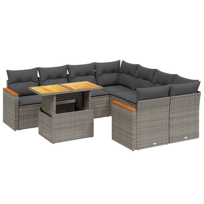 9 Piece Garden Sofa Set with Cushions Grey Poly Rattan