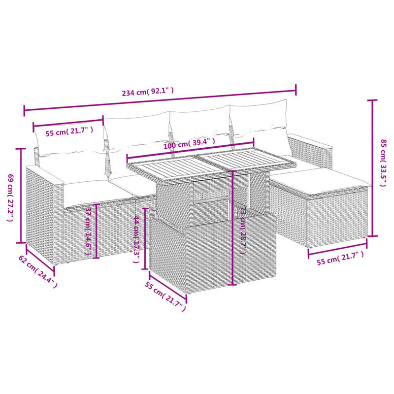 6 Piece Garden Sofa Set with Cushions Grey Poly Rattan