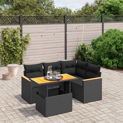 5 Piece Garden Sofa Set with Cushions Black Poly Rattan