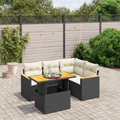 5 Piece Garden Sofa Set with Cushions Black Poly Rattan