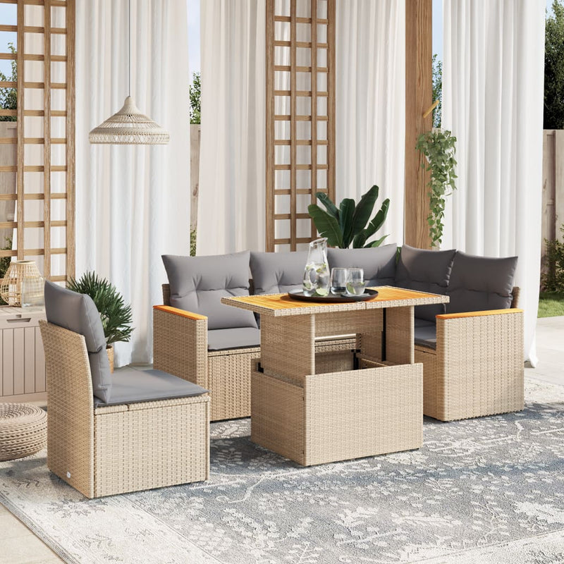 6 Piece Garden Sofa Set with Cushions Beige Poly Rattan