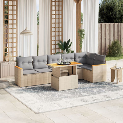 7 Piece Garden Sofa Set with Cushions Beige Poly Rattan