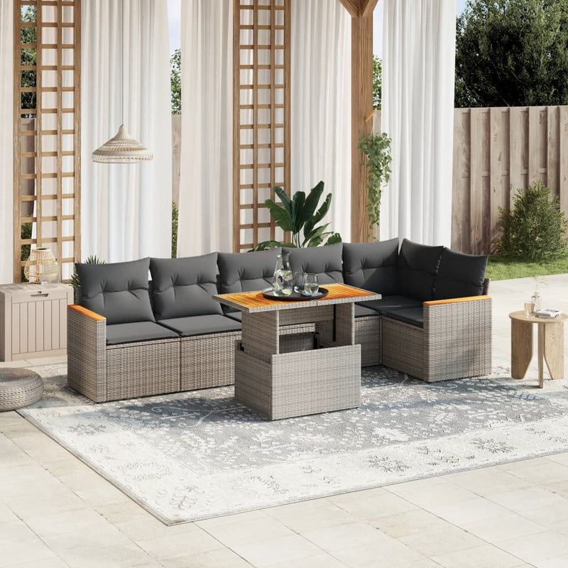 7 Piece Garden Sofa Set with Cushions Grey Poly Rattan