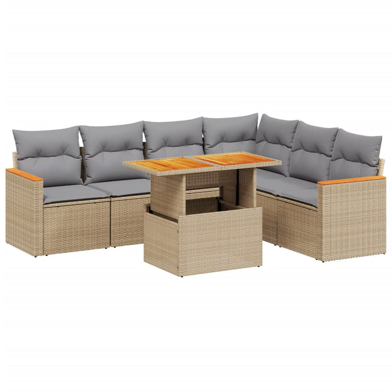 7 Piece Garden Sofa Set with Cushions Beige Poly Rattan