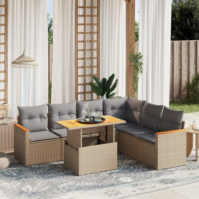 7 Piece Garden Sofa Set with Cushions Beige Poly Rattan