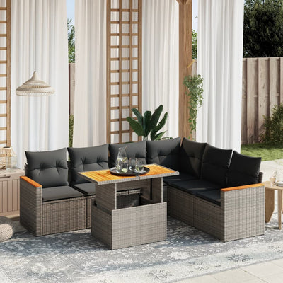 7 Piece Garden Sofa Set with Cushions Grey Poly Rattan