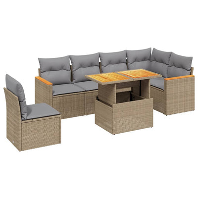 7 Piece Garden Sofa Set with Cushions Beige Poly Rattan