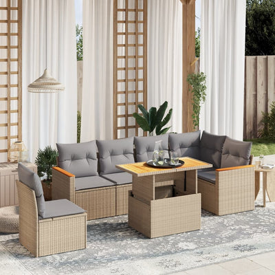 7 Piece Garden Sofa Set with Cushions Beige Poly Rattan