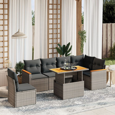 7 Piece Garden Sofa Set with Cushions Grey Poly Rattan