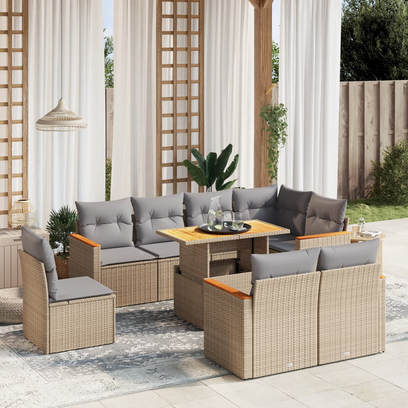 9 Piece Garden Sofa Set with Cushions Beige Poly Rattan