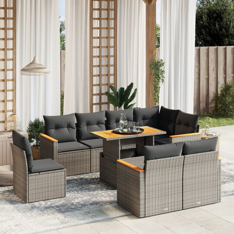 9 Piece Garden Sofa Set with Cushions Grey Poly Rattan