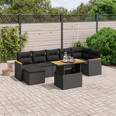 8 Piece Garden Sofa Set with Cushions Black Poly Rattan