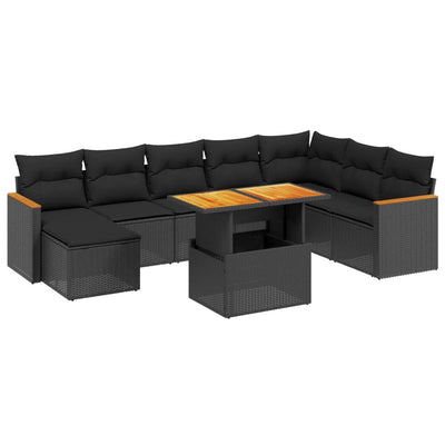 9 Piece Garden Sofa Set with Cushions Black Poly Rattan