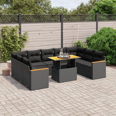 10 Piece Garden Sofa Set with Cushions Black Poly Rattan