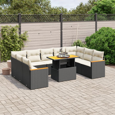 10 Piece Garden Sofa Set with Cushions Black Poly Rattan