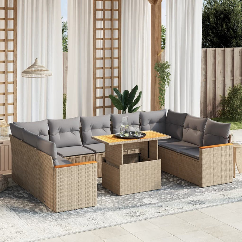 10 Piece Garden Sofa Set with Cushions Beige Poly Rattan