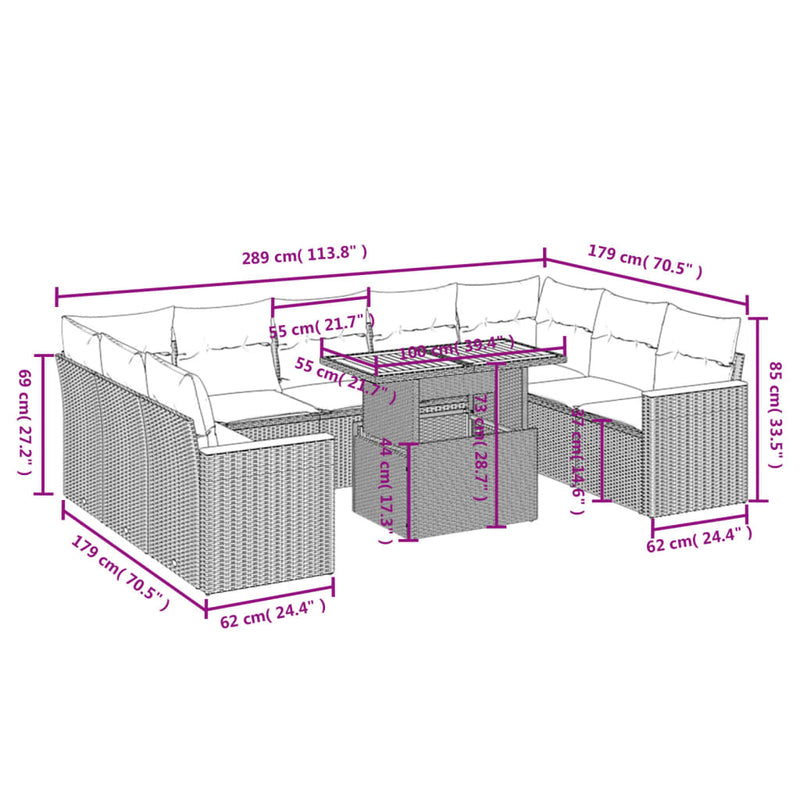 10 Piece Garden Sofa Set with Cushions Grey Poly Rattan