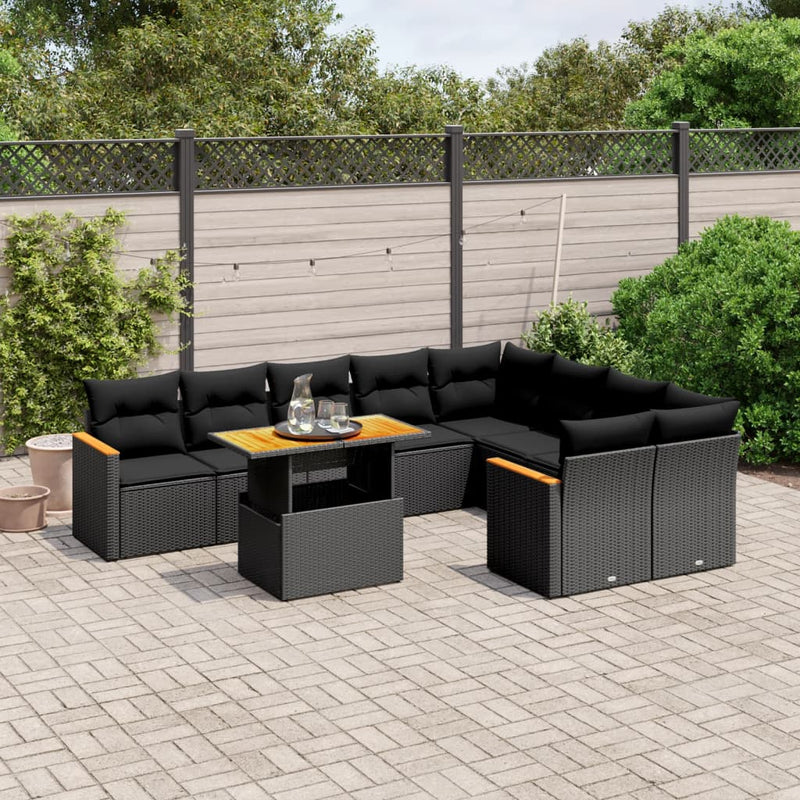 10 Piece Garden Sofa Set with Cushions Black Poly Rattan