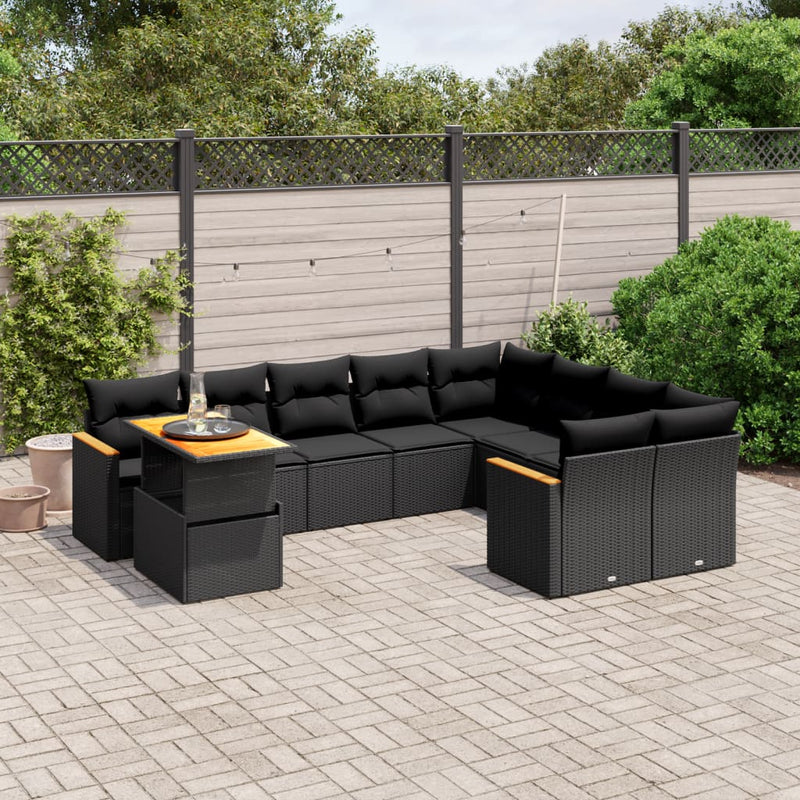 10 Piece Garden Sofa Set with Cushions Black Poly Rattan