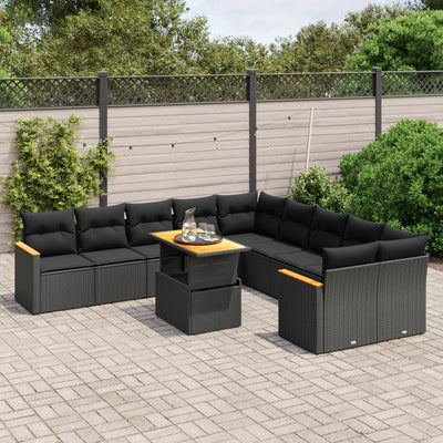 11 Piece Garden Sofa Set with Cushions Black Poly Rattan