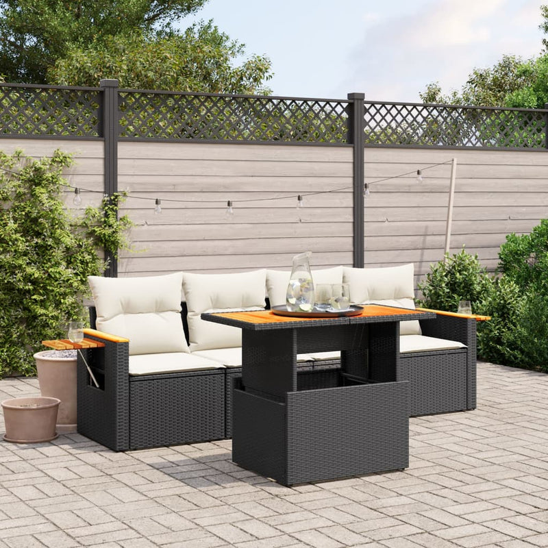 5 Piece Garden Sofa Set with Cushions Black Poly Rattan