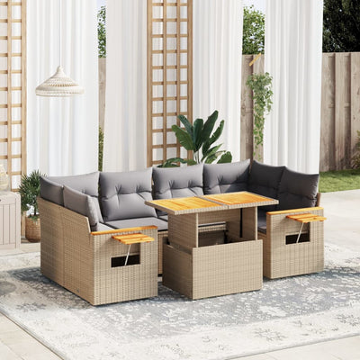 7 Piece Garden Sofa Set with Cushions Beige Poly Rattan