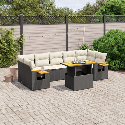 8 Piece Garden Sofa Set with Cushions Black Poly Rattan