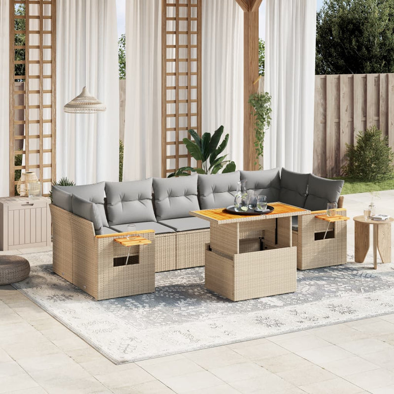 8 Piece Garden Sofa Set with Cushions Beige Poly Rattan