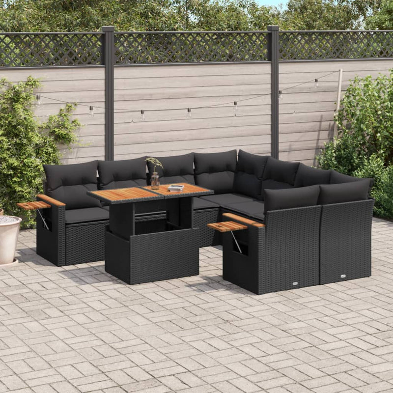 9 Piece Garden Sofa Set with Cushions Black Poly Rattan