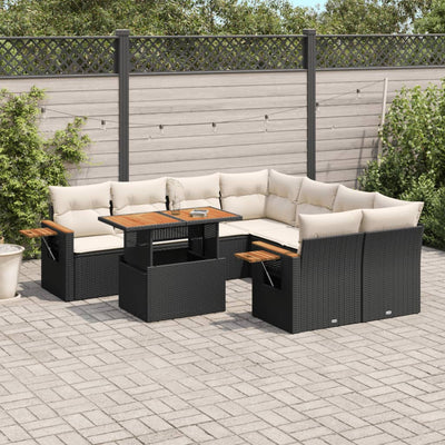 9 Piece Garden Sofa Set with Cushions Black Poly Rattan