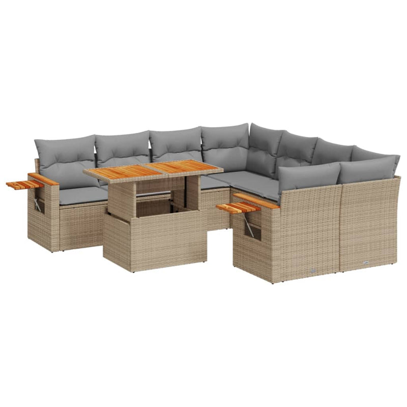 9 Piece Garden Sofa Set with Cushions Beige Poly Rattan