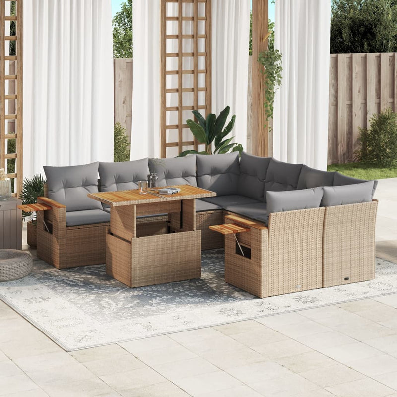 9 Piece Garden Sofa Set with Cushions Beige Poly Rattan