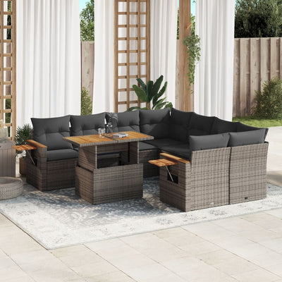 9 Piece Garden Sofa Set with Cushions Grey Poly Rattan