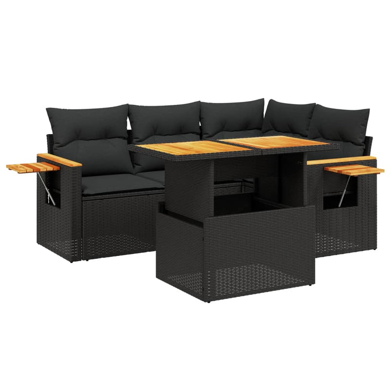 5 Piece Garden Sofa Set with Cushions Black Poly Rattan