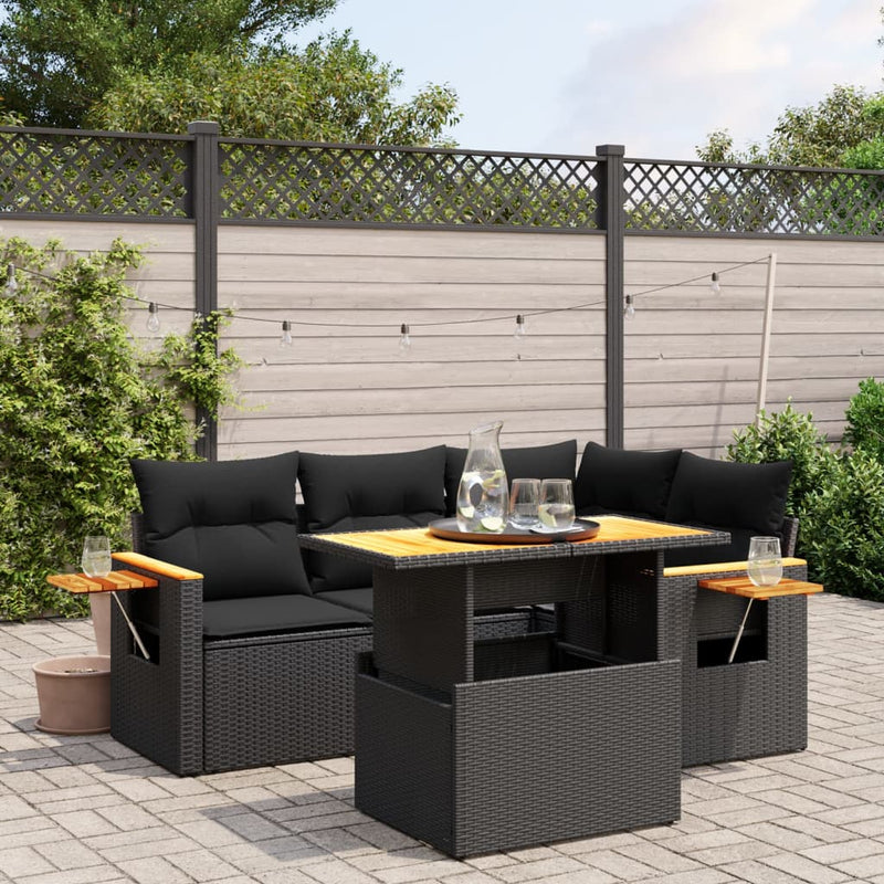 5 Piece Garden Sofa Set with Cushions Black Poly Rattan