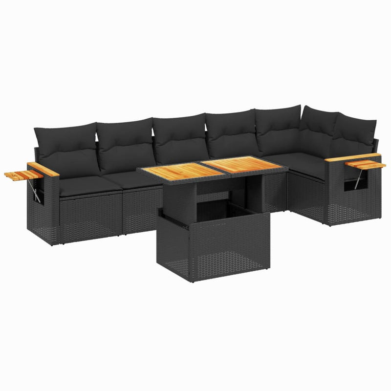 7 Piece Garden Sofa Set with Cushions Black Poly Rattan