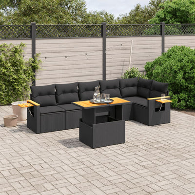 7 Piece Garden Sofa Set with Cushions Black Poly Rattan