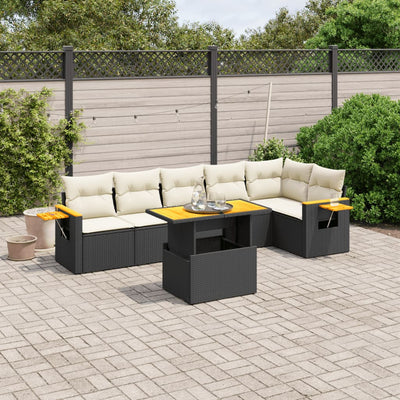 7 Piece Garden Sofa Set with Cushions Black Poly Rattan