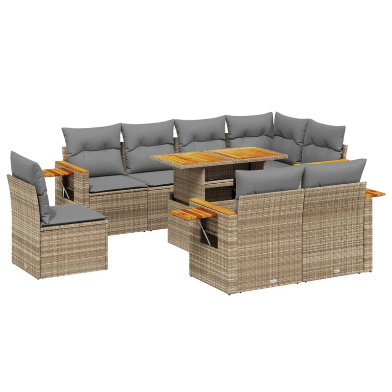 9 Piece Garden Sofa Set with Cushions Beige Poly Rattan