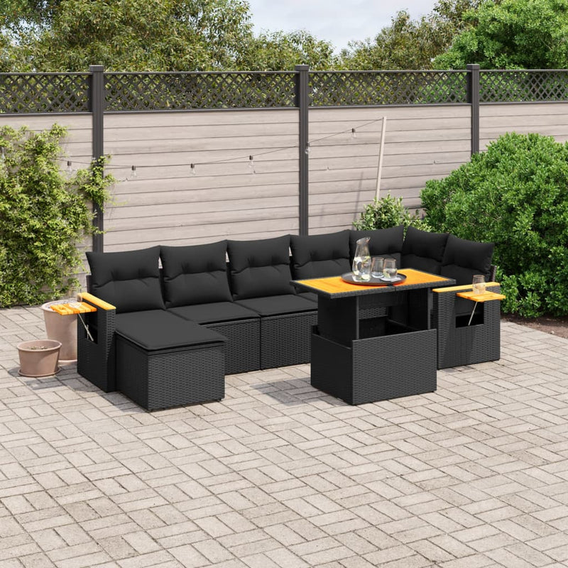 8 Piece Garden Sofa Set with Cushions Black Poly Rattan