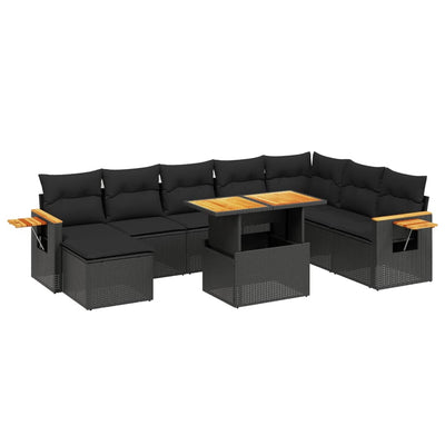 9 Piece Garden Sofa Set with Cushions Black Poly Rattan