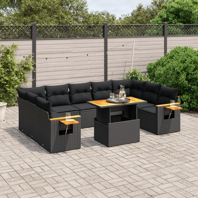 10 Piece Garden Sofa Set with Cushions Black Poly Rattan