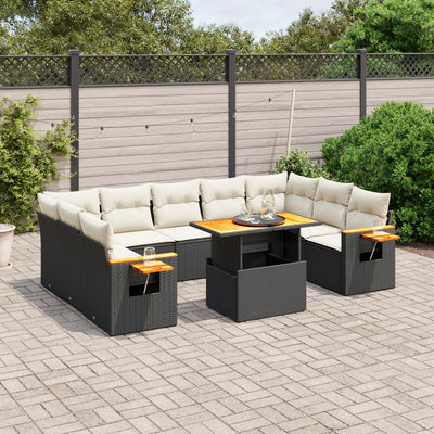 10 Piece Garden Sofa Set with Cushions Black Poly Rattan