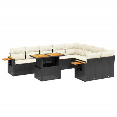 10 Piece Garden Sofa Set with Cushions Black Poly Rattan